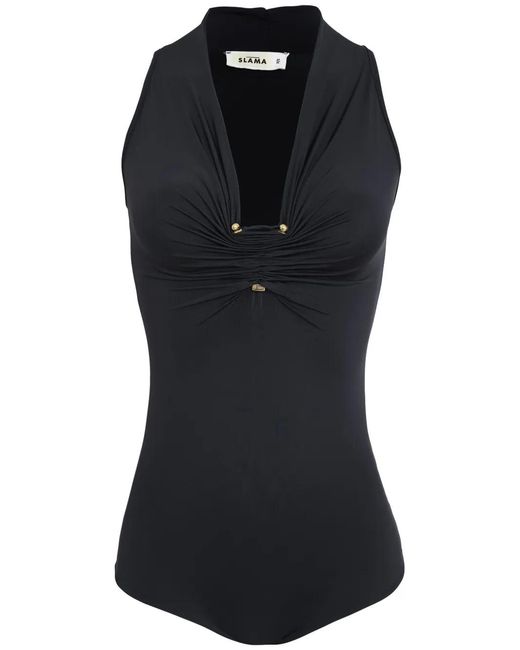 Amir Slama Black Ruched-Detail Bodysuit