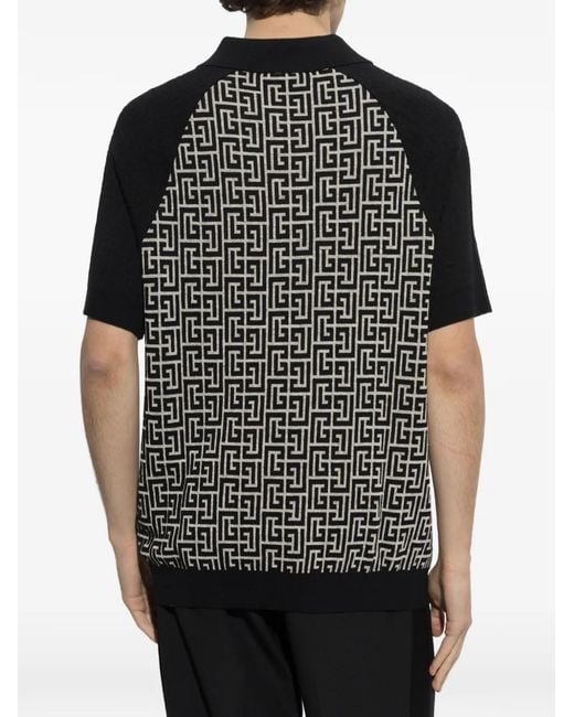 Balmain Black Monogram-Pattern Raglan-Sleeve Polo Shirt for men