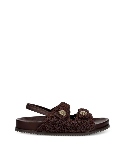 Twinset Brown Crochet Shell-Embellished Sandals