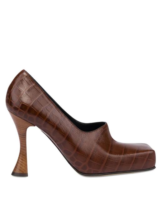 Moschino Brown Crocodile-Embossed Calf Leather Slip-On Pumps