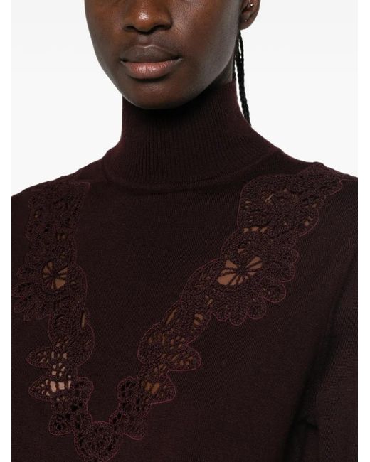 Zimmermann Brown Crochet-Trim High-Neck Sweater