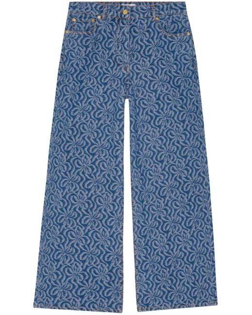 Ganni Blue Floral-print Wide-leg Jeans