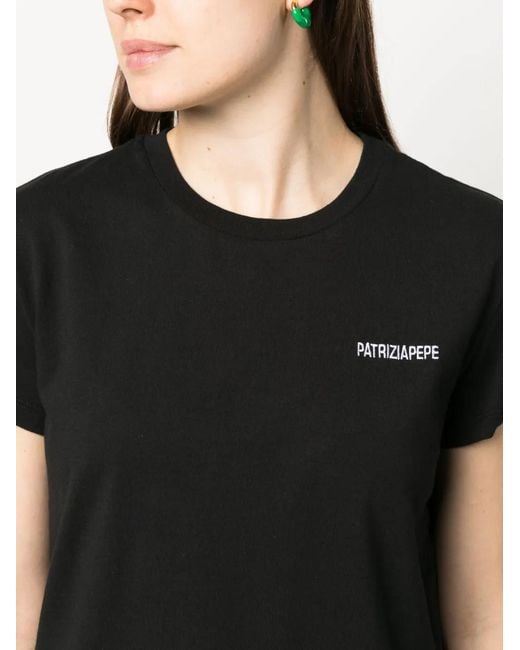 Patrizia Pepe Black Logo-Print Organic Cotton T-Shirt