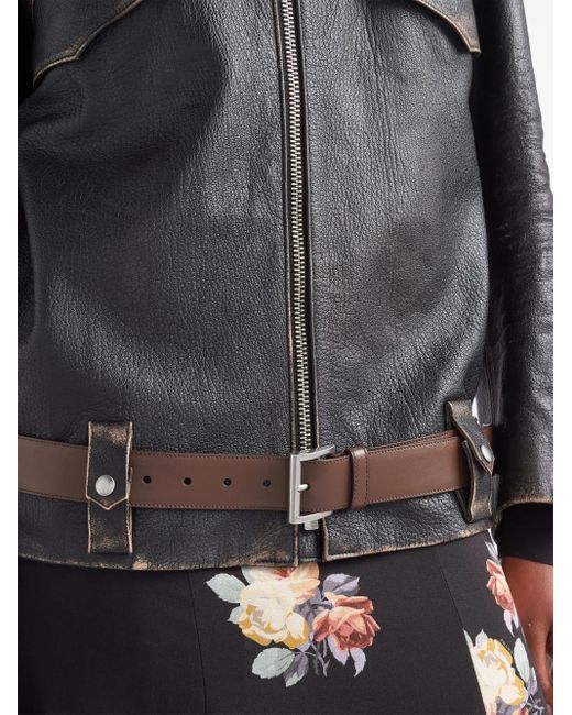 Prada Black Vintage-Finish Triangle-Patch Leather Blouson Jacket