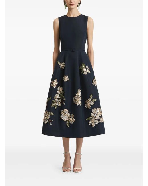 Oscar de la Renta Blue Sequin-Embellished Floral Midi Dress