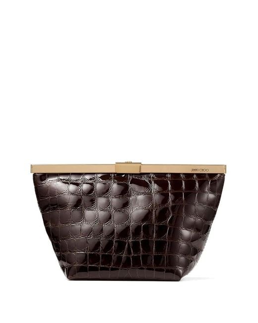 Jimmy Choo Brown Ganache Crocodile-Effect Chain Clutch Bag