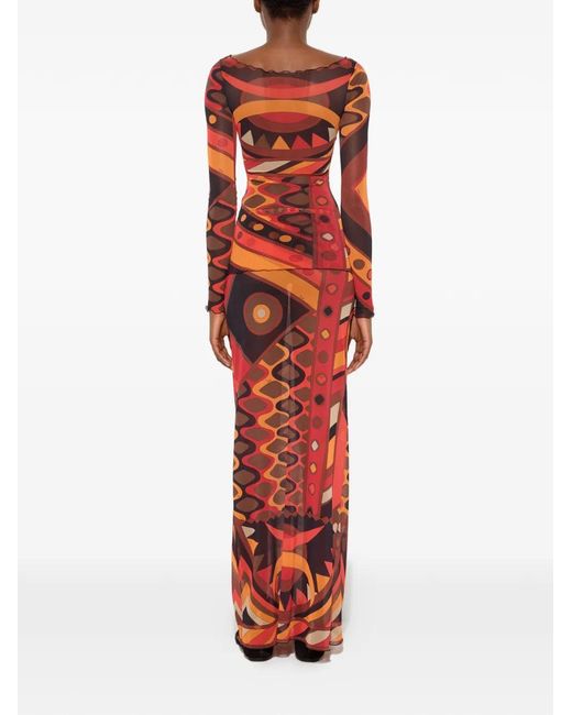 Emilio Pucci Red Geometric-Print Mesh Maxi Skirts