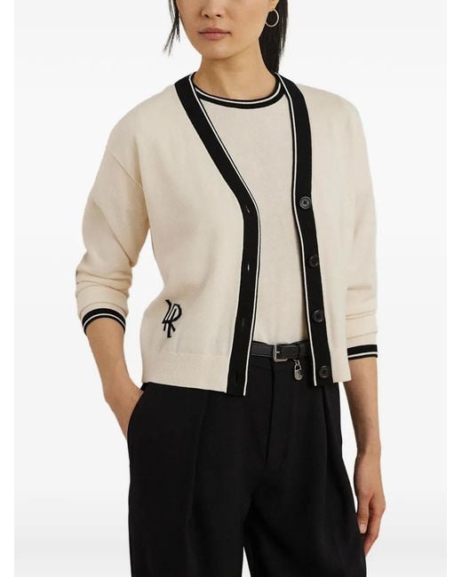 Ralph Lauren Natural Logo-Embroidered Contrast-Trim Cardigan