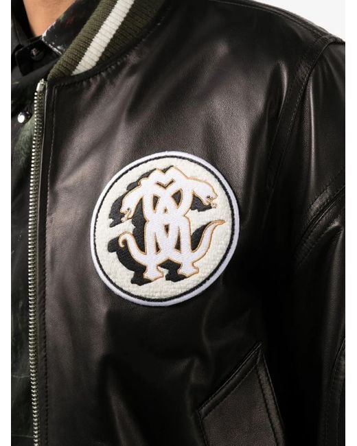 Roberto Cavalli Black Leather Monogram-Patch Bomber Jacket for men