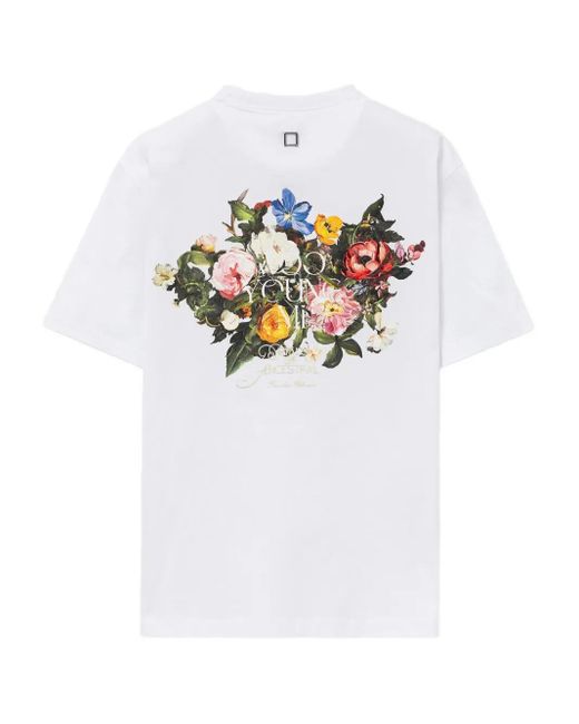 Wooyoungmi White Flower-Print Box-Logo T-Shirt