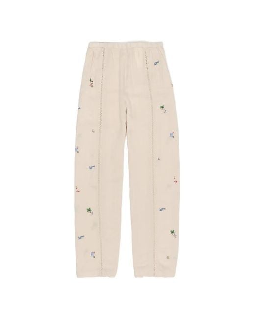 Bimba Y Lola White Wide Linen Trousers With Lace And Mini Embroidery