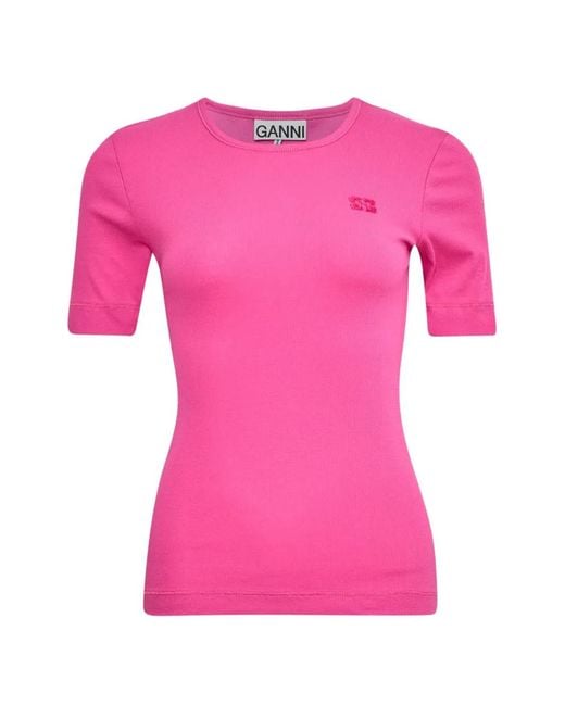 Ganni Pink Ribbed Logo-Embroidered T-Shirt