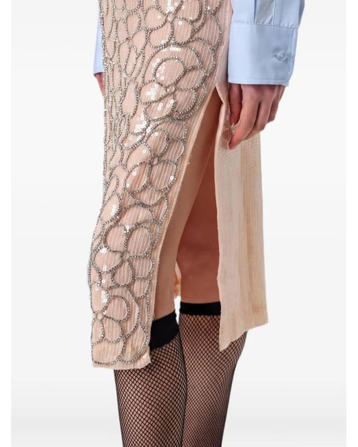 Des Phemmes Natural Crystal-Embellished Sequined Midi Skirt