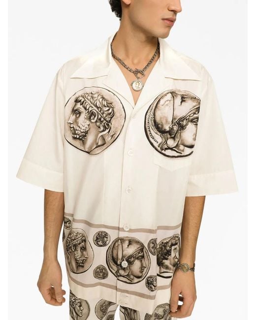Dolce & Gabbana Natural Coin Print Poplin Hawaiian Shirt for men