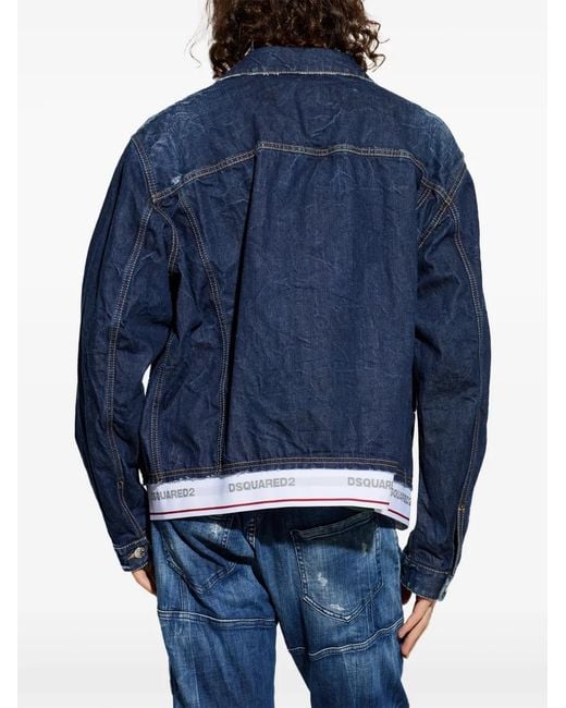 DSquared² Blue Distressed Logo-Trim Denim Jacket for men