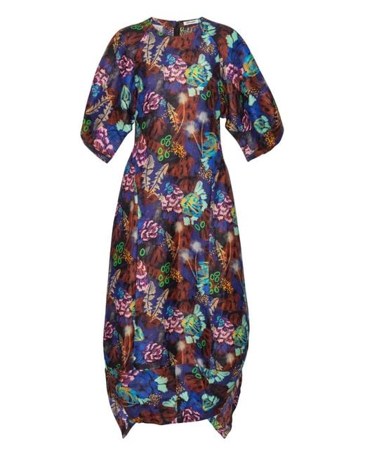 Henrik Vibskov Blue Puff-Sleeve Abstract-Print Midi Dress