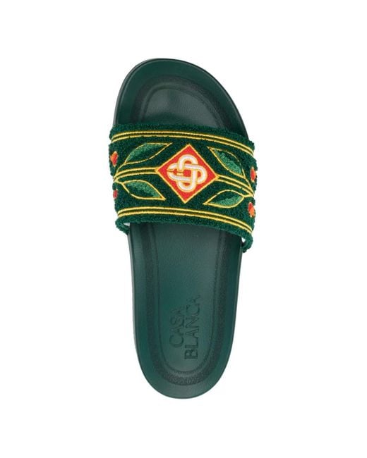 Casablanca Green Floral-Embroidered Slides