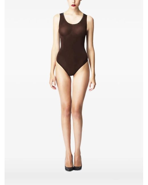 Wolford Brown Crystal-Embellished Sheer Sleeveless Bodysuit