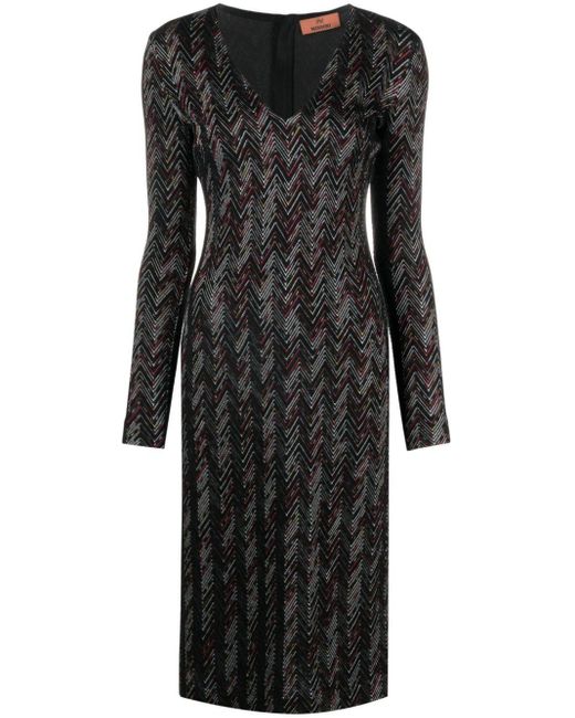 Missoni Midi-jurk Met Visgraat Patroon En V-hals in het Black