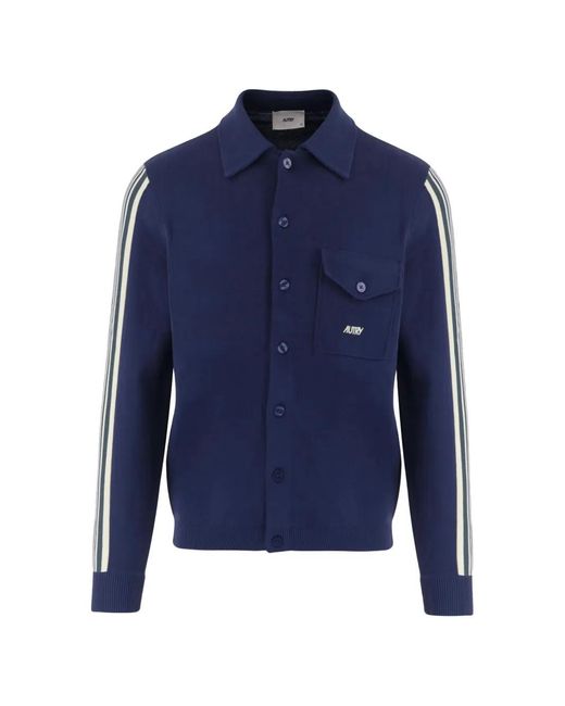 Autry Blue Logo-Embroidered Striped-Sleeve Cardigan for men