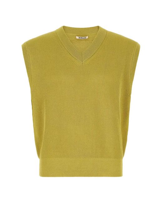Auralee Green Ribbed-Knit V-Neck Vest for men