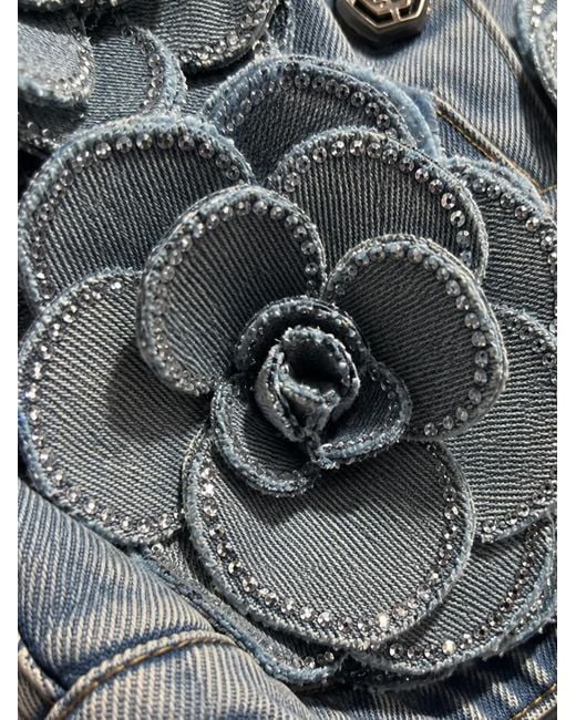 Philipp Plein Blue Cropped Denim Jacket All-Over Roses
