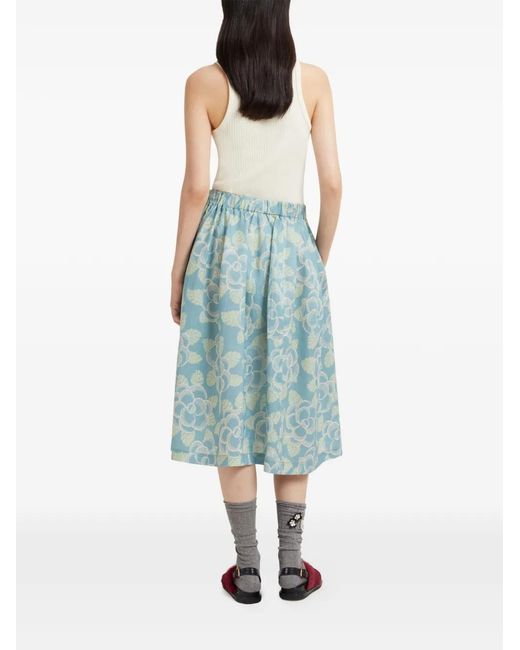 Marni Blue Ramie Elasticated Skirt With Banjo Print