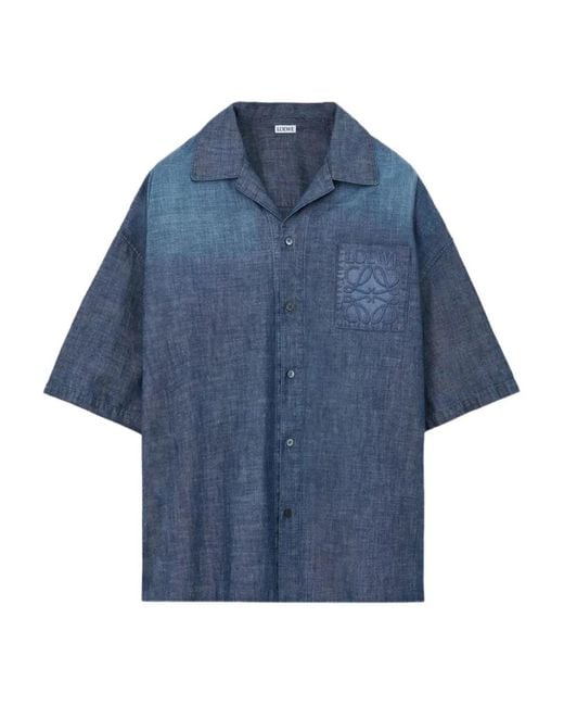 Loewe Blue Embroidered-Pocket Short-Sleeve Shirt for men