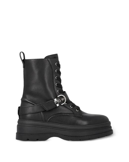 Pinko Black Buckle-Strap Lace-Up Boots