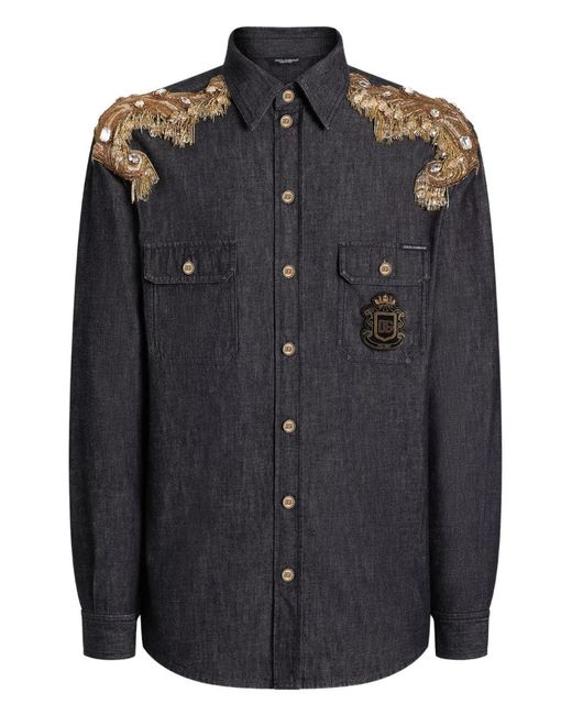 Dolce & Gabbana Black Embellished Logo-Patch Shirt for men