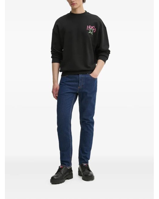 HUGO Black Happy-Logo Cotton Sweatshirt for men