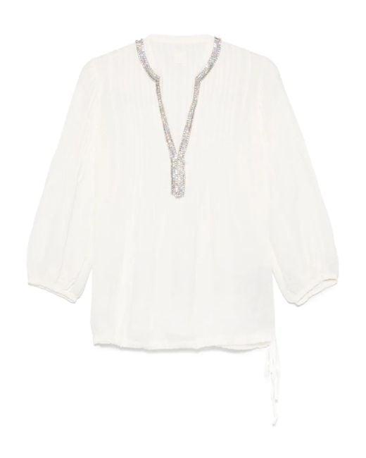 120% Lino White Crystal-Embellished Blouse