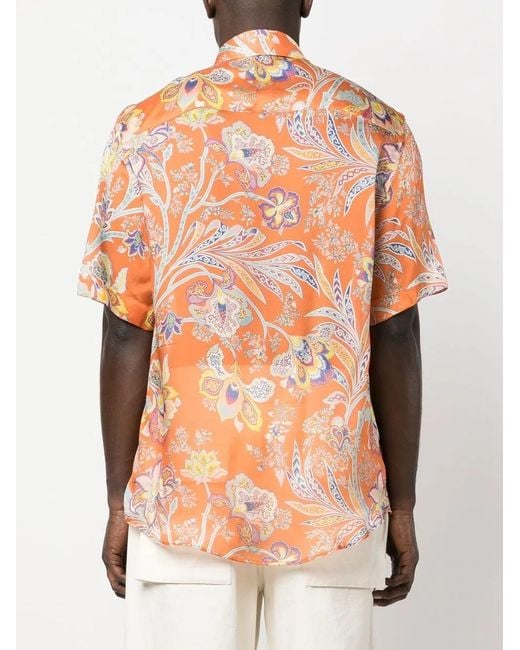 Etro Orange Printed Silk Shirt for men