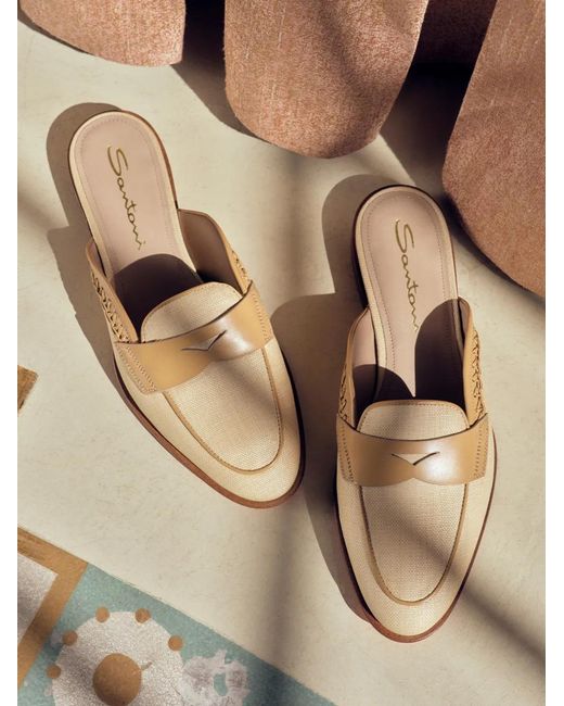 Santoni White Braided Leather-Trim Flat Mules