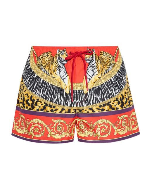 Versace Red Tiger-Print Drawstring Swim Shorts for men