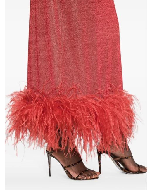 Oseree Red Lumière Plumage Feather-Trim Maxi Dress