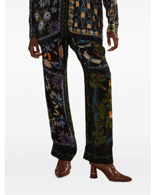 Farm Rio Black Floral-Pattern Straight-Leg Trousers
