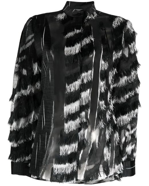 Alberta Ferretti Black Sheer Fringed Two-Tone Blouse