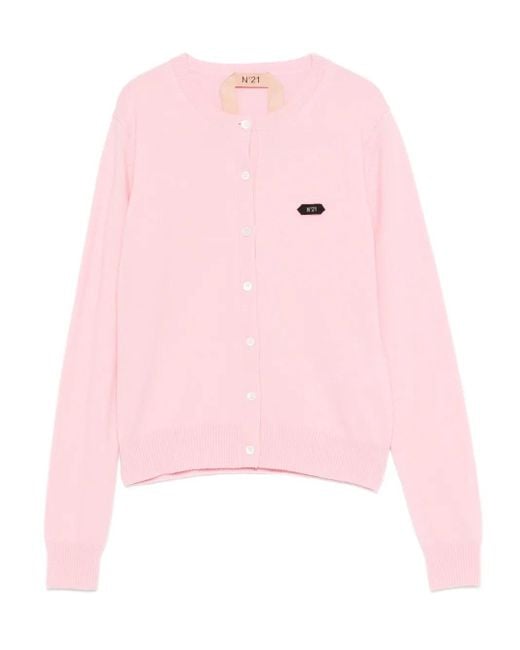 N°21 Pink Button-Fastening Logo-Patch Cardigan