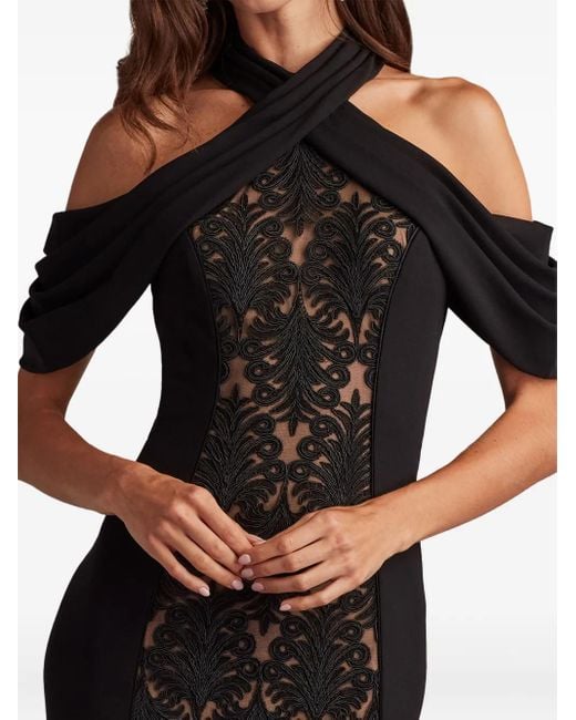Tadashi Shoji Black Off-Shoulder Lace-Embroidered Gown