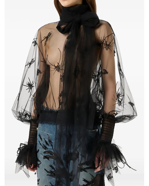 Blumarine Black Insect-Embroidered Tulle Blouse