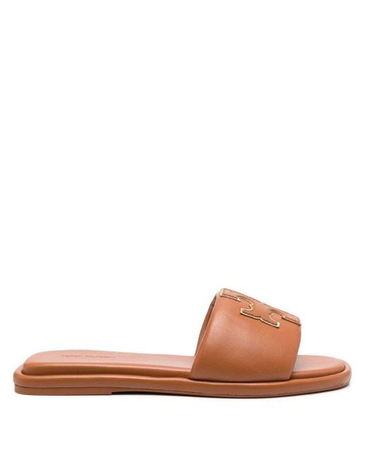 Tory Burch Leather Embossed-logo Slip-on Sandals in Brown | Lyst Canada