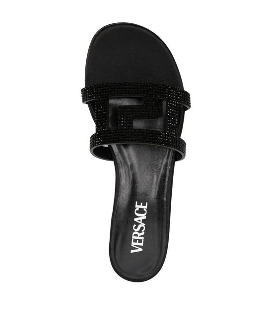 Versace Black Greca Maze Crystal Flat Sandals