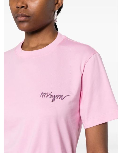 MSGM Pink Logo-Embroidered Cotton T-Shirt