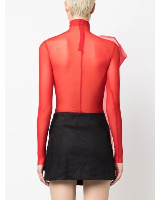 Atu Body Couture Red Semi-Sheer Bow-Detail Bodysuit