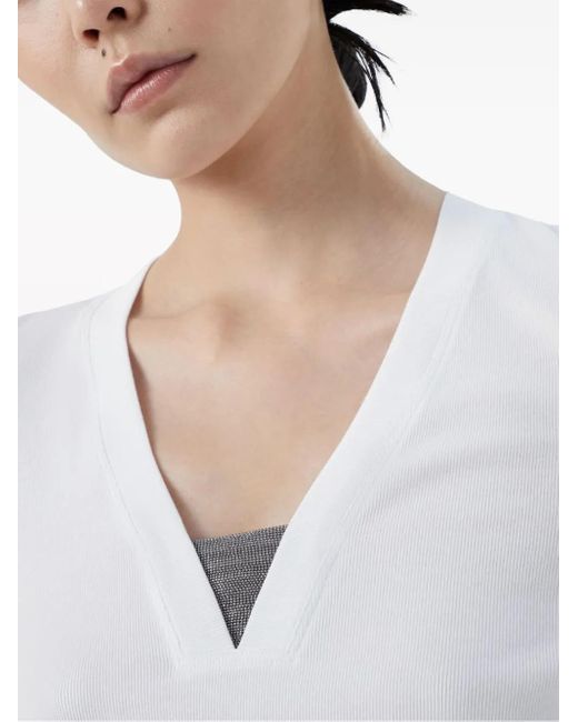 Brunello Cucinelli White Long Sleeve V-Neck T-Shirt