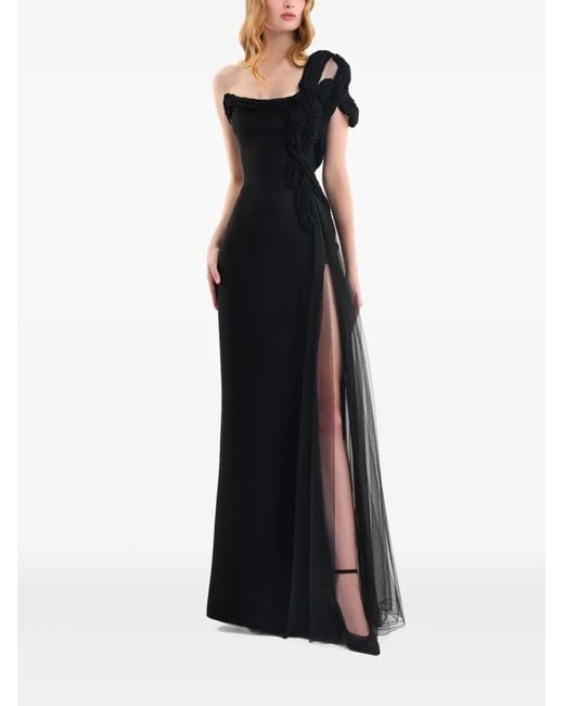 Gemy Maalouf Black One-Shoulder Sculptural Embroidery Maxi Dress