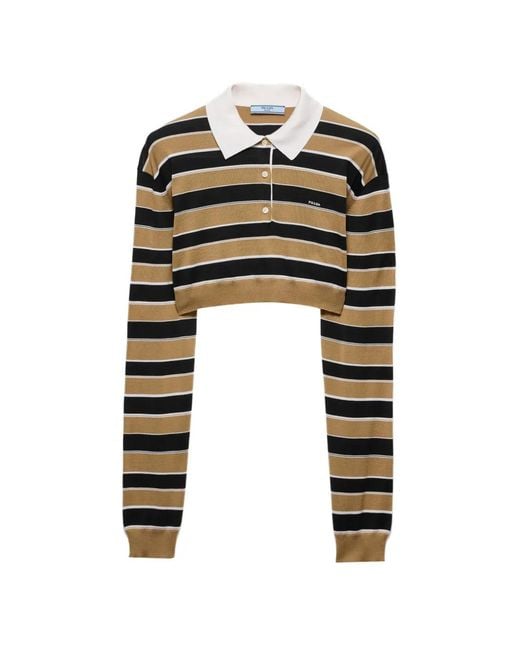 Prada Black Cropped Striped Silk Polo Shirt