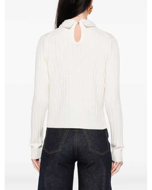 Maje White Beaded-Collar Sweater