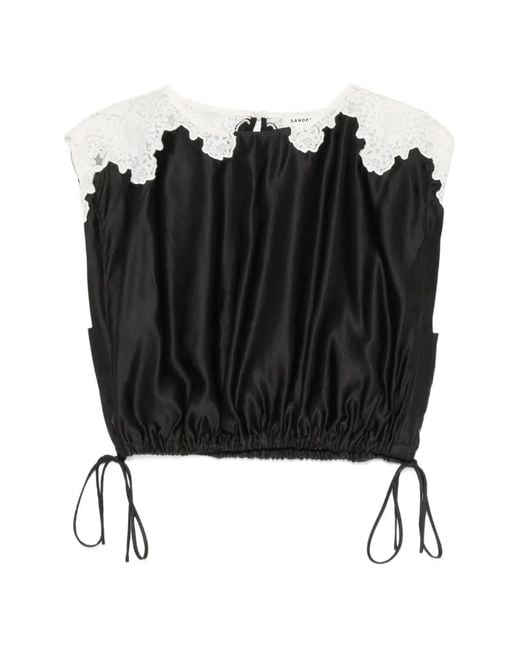 Sandro Black Contrast Lace Crop Top